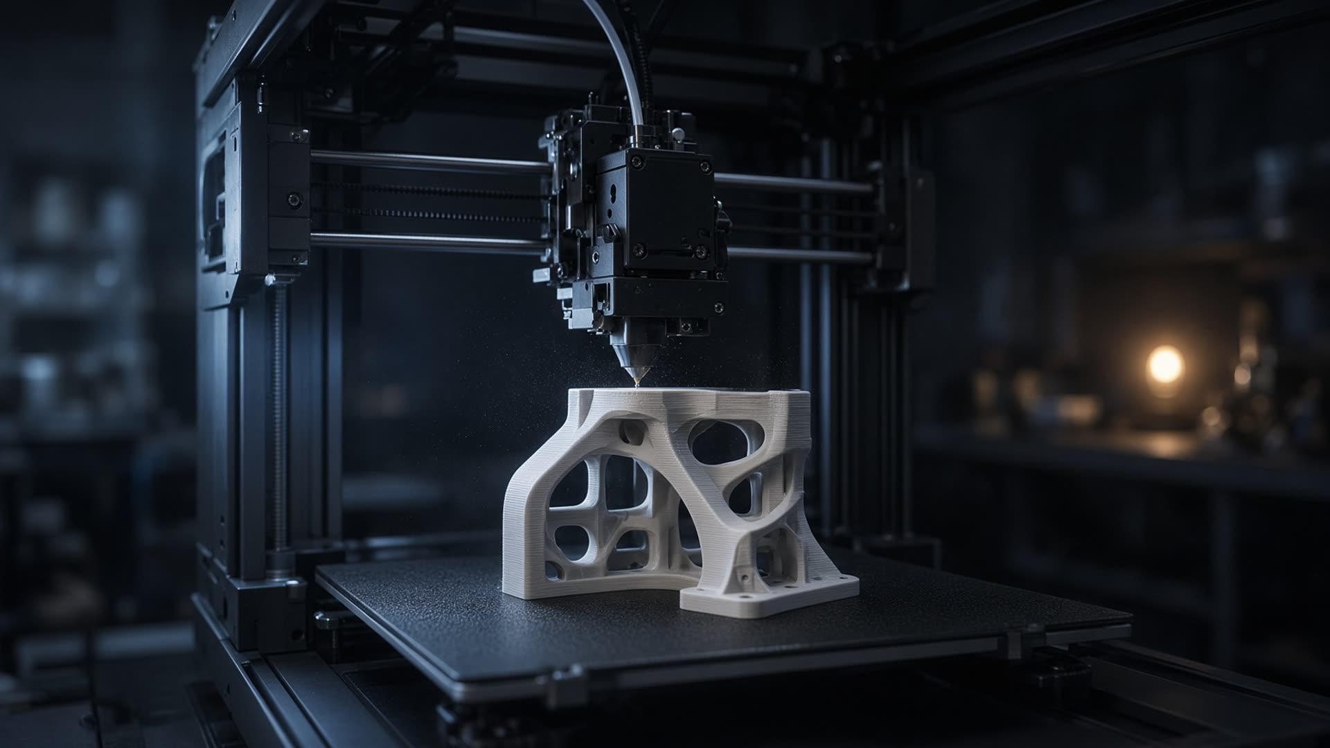 Industrial 3D printer depositing filament onto a mechanical part in a dark workshop
