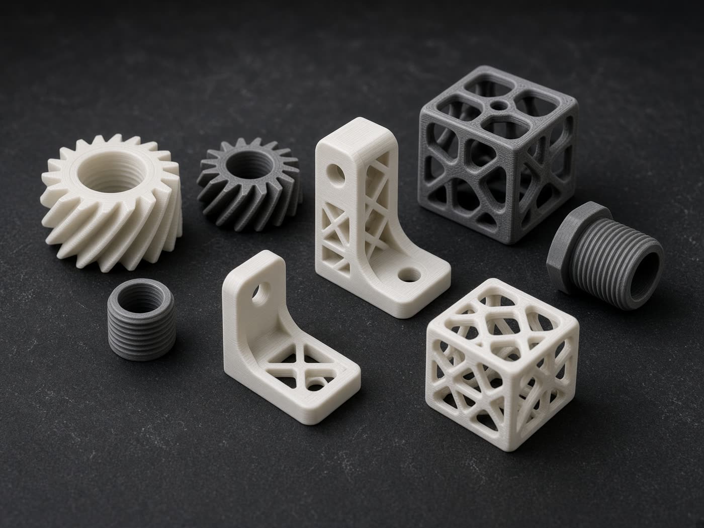 Assortment of 3D-printed gears, brackets, lattice cubes, and fittings