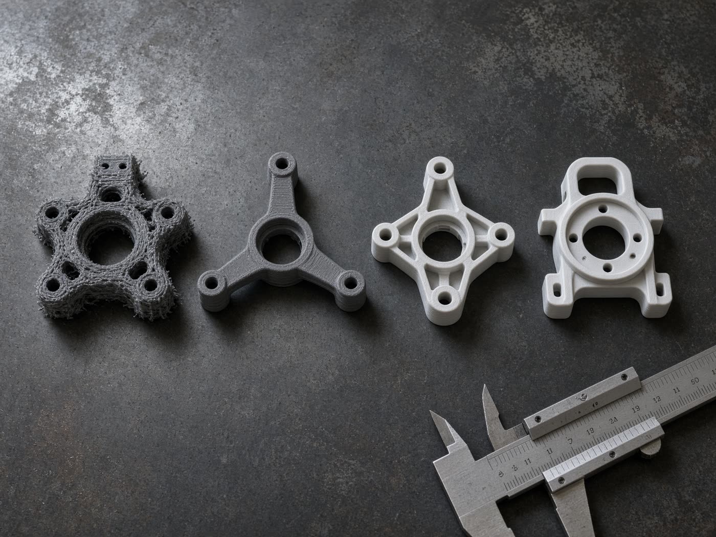 Four design iterations of a 3D-printed drone motor mount on a steel workbench